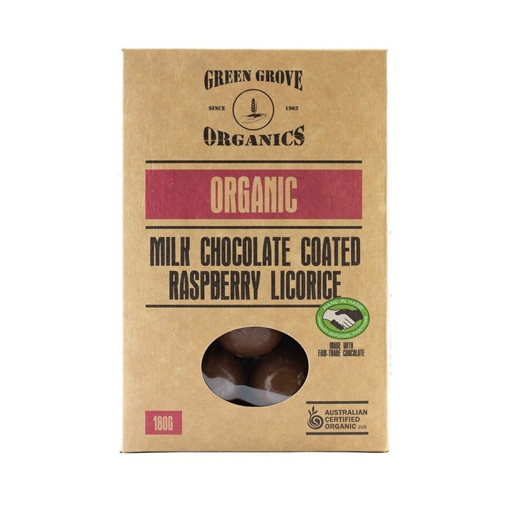 GREEN GROVE | Licorice – Raspberry Milk Choc 180g