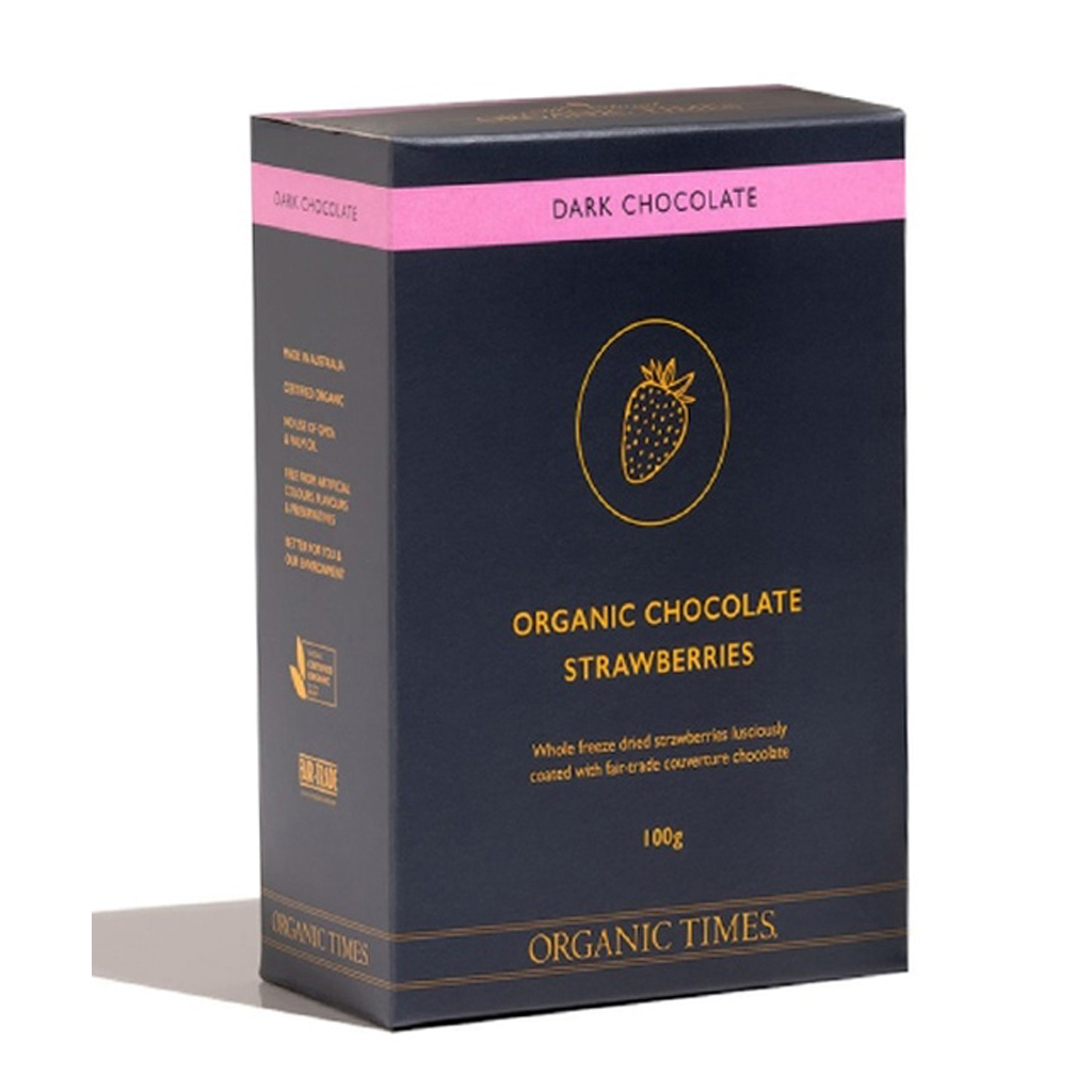 ORGANIC TIMES | Strawberries – Dark Chocolate 100g